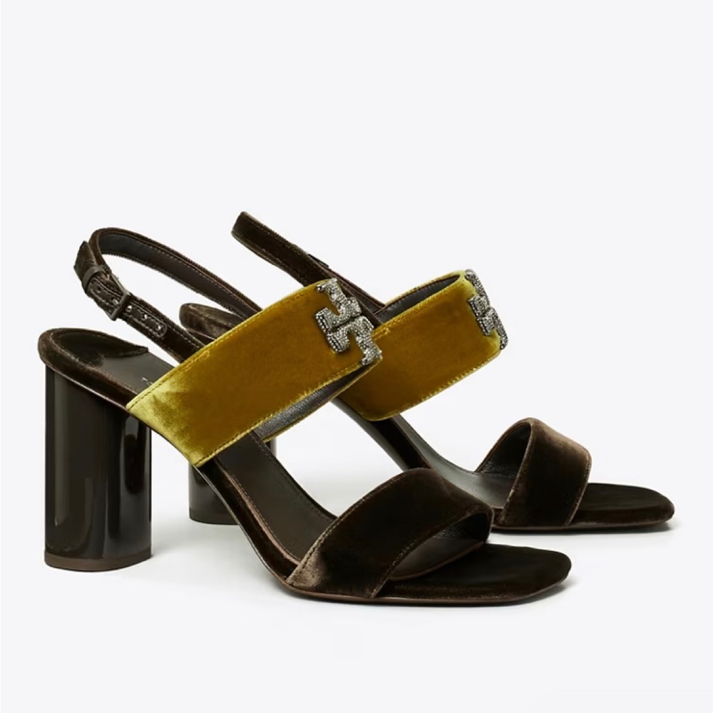 Tory Burch Eleanor Pave Heel Sandal Velvet Pumpkin Seed Color Womens Size 6